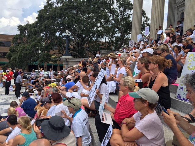 Immigration policy protesters on Custom House steps. Crowd gathered on the steps of the Customs House in Charleston to protest unjust immigration policy.
